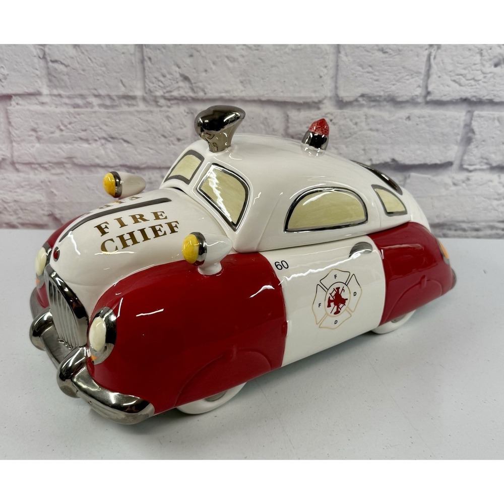 Vintage Fireman Fire Chief Car Ceramic Cookie Jar Firefighter 13" *MINT*